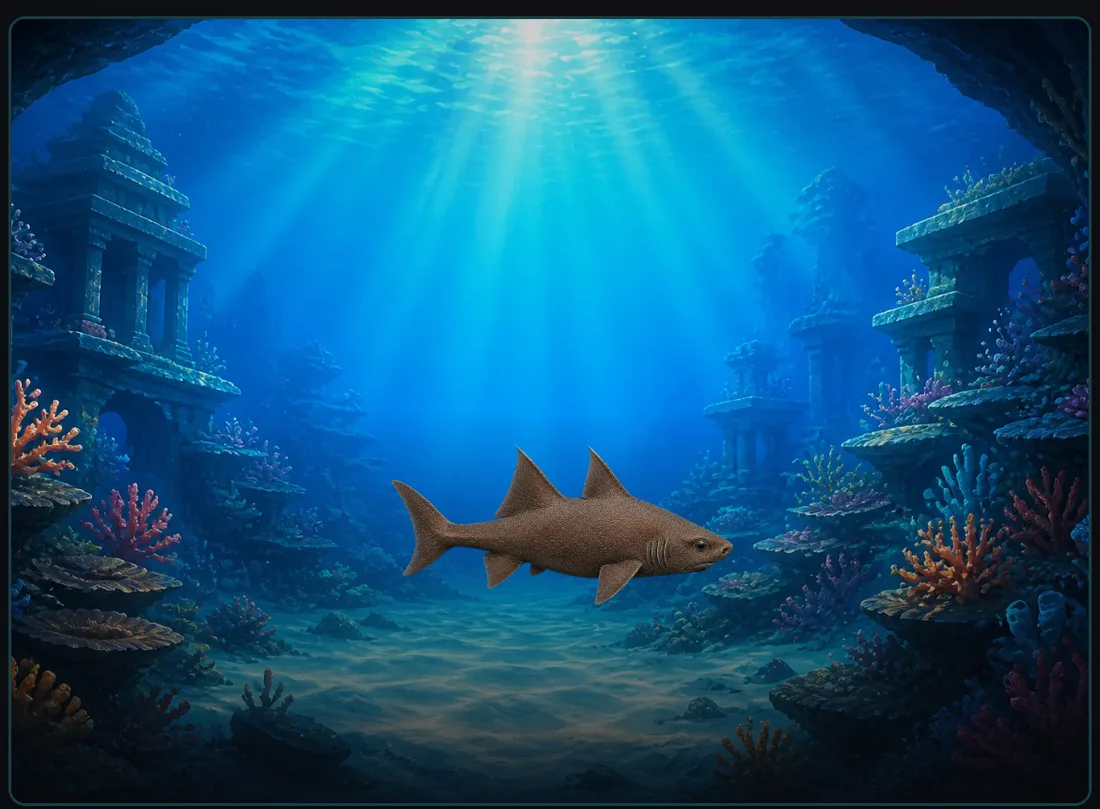 The ChoreShark aquarium with a swimming shark and feeding bowl