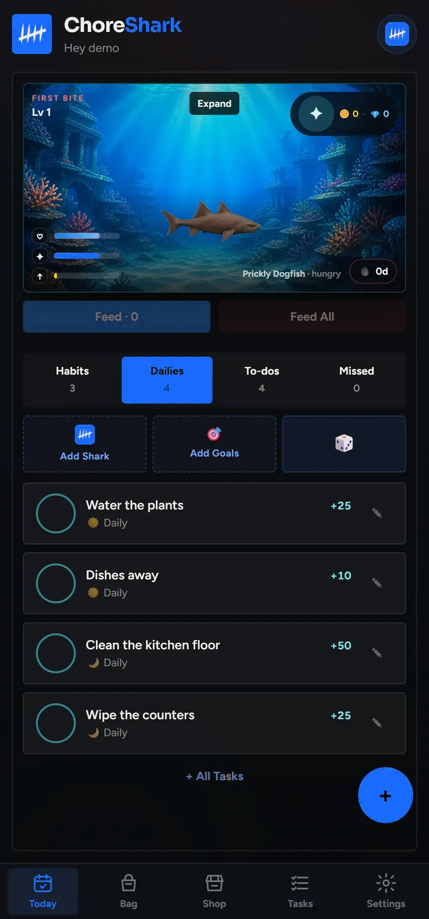 ChoreShark on Android, showing the Dailies lane with check buttons and coin rewards